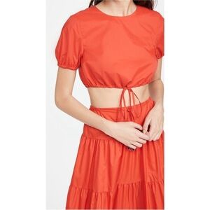 Staud Prato Recycled Nylon Short Puff Sleeve Crop Top Tomato Red Size large